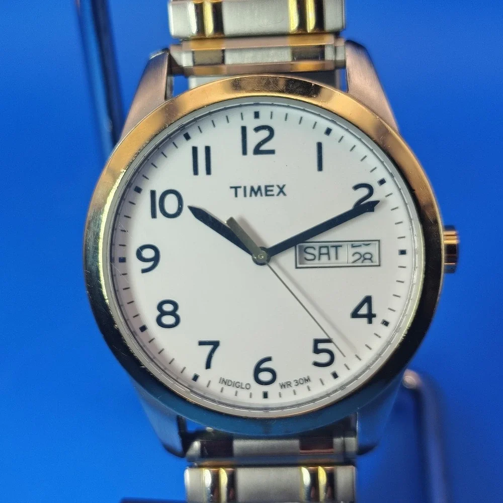 Vintage 2014 Timex Indiglo Day-Date 35mm‎ Mens Quartz Two Tone Dress Watch